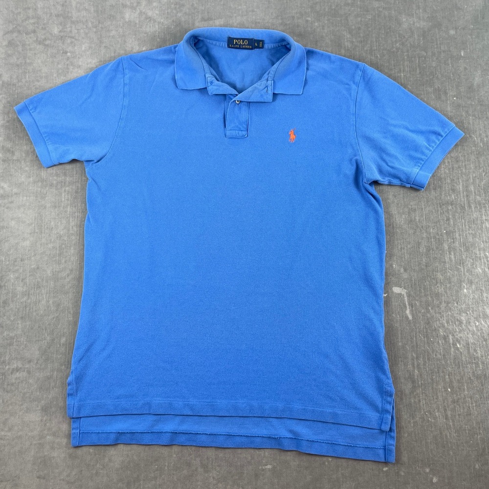 Polo Ralph Lauren Mens L Blue Polo Shirt Short Sleeve Orange Pony Logo